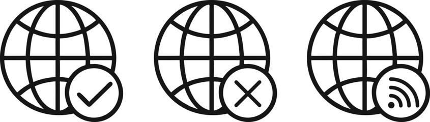 Internet globe icons with check mark, cross, and signal, symbolizing online access, connectivity status, and wireless network availability for digital interface design.