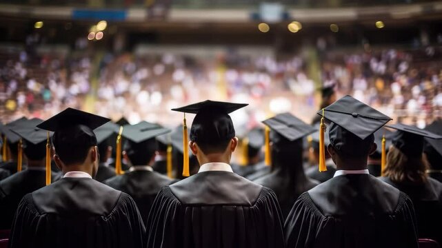 Rear view of high school students in graduation gowns and caps, academic graduation concept, Group of students on their convocation day, graduation program