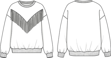 Crew neck sweatshirt with fringe detail, long sleeve pullover vector fashion flat, front and back sketch with ribbed hem and cuffs