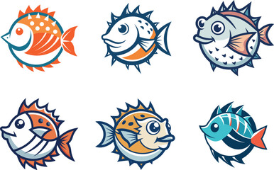 Obraz premium Six delightful puffer fish designs offer versatility for aquatic themed art, creating unique icons or crafting engaging marine life concepts.