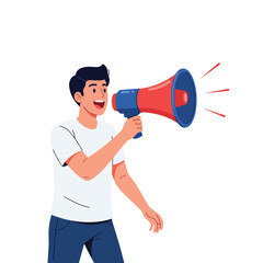 man shouting into megaphone vector cartoon illustration