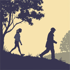 Silhouette of a woman and man walking on a hill with trees and grass in a vintage color palette outdoors