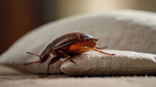 A bed bug is poised on a pillow within a dimly lit bedroom indicating a possible infestation that requires immediate attention
