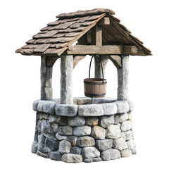 Rustic stone water well with wooden roof and bucket vintage garden decoration idea