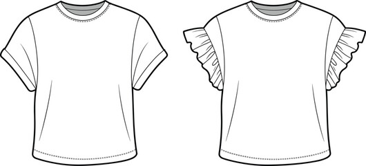 T-shirt fashion flat, women flutter sleeve top, rolled sleeve tee, front view sketch, clothing vector, ruffle sleeve drawing, outline