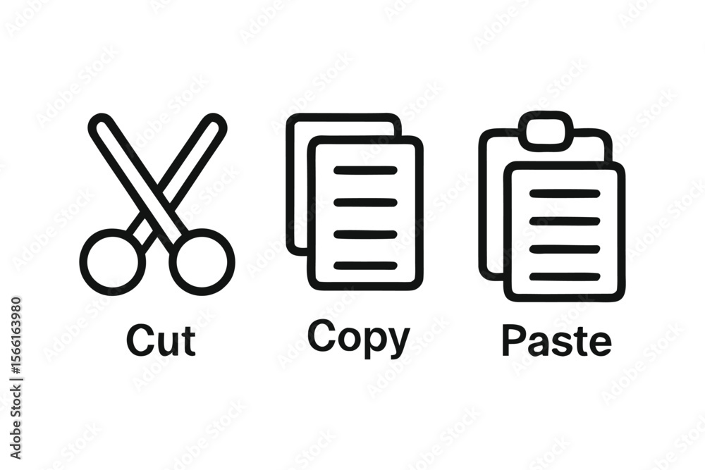 Poster cut copy and paste functions depicted with scissors and stacked paper illustrations simple visual re