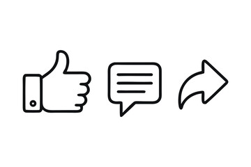 Clean Black and White Line Art Icons of Like Comment and Share Representing Social Media Interaction and Engagement