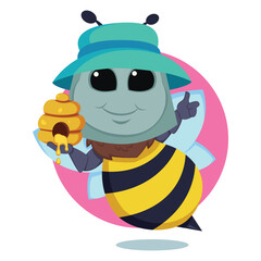 set cartoon bee character with flower honey barrel hive honeycomb vector design