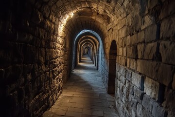 Exploring a mysterious stone corridor with arches and dim lighting, Mysterious Stone Corridor Photo background Seamless  quality