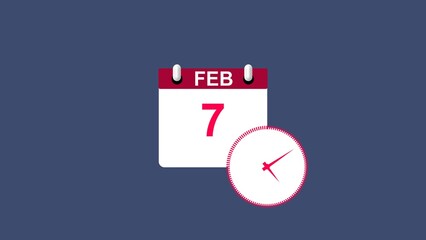 February month 7 date calendar icon clock magenta red color 4k illustration. 