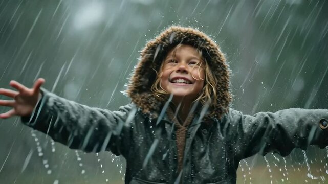 medium shot of a child with arms wide open spinning in the rain, mouth open in laughter, splashes frozen mid-air, joyful and wild