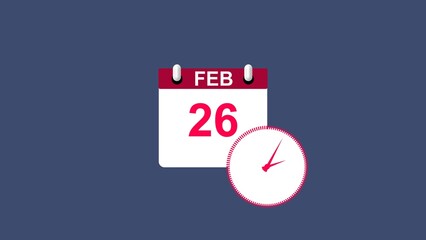 February month 26 date calendar icon clock magenta red color 4k illustration. 