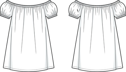 Off shoulder short sleeve dress fashion flat sketch, women’s clothing template, front and back view, vector line drawing illustration