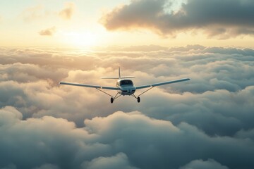 Obraz premium Small aircraft soars above clouds during bright daylight hours with sun shining in the background, Small aircraft flying above clouds during daylight