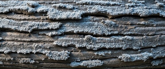 Textured surface of weathered wood with frost covering in a serene outdoor setting