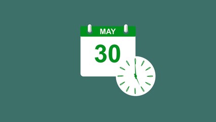 May month 30 date calendar icon clock lime green color 4k illustration. 