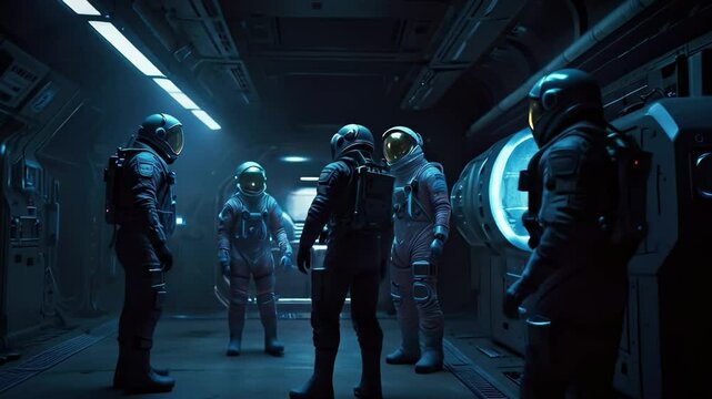 A group of astronauts in advanced suits convenes in a dimly lit futuristic space station engaged in a crucial discussion about their upcoming mission objectives