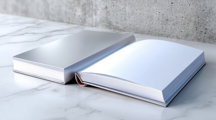 Blank Hardcover Book Mockup: Silver Cover and White Pages on Marble
