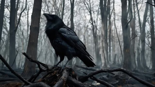 A raven stands on tangled roots amidst a foggy forest where the aftermath of a wildfire lingers in the air during the quiet morning