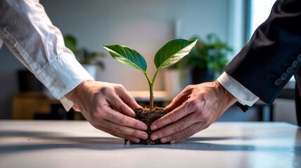 A close-up of two hands holding a sprouting green plant with soil in office environment