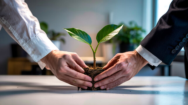 A close-up of two hands holding a sprouting green plant with soil in office environment - Powered by Adobe