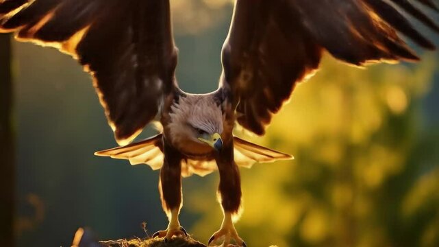 A baby eagle showcases its impressive wingspan perched confidently on a log as the warm light of sunset filters through the trees behind it