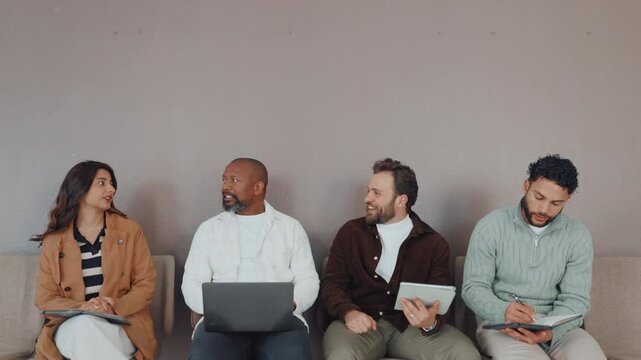 Hiring, row and people with discussion in waiting room for interview tips, job info and networking. Recruitment, tech and candidates with application notes, internship questions and vacancy on space