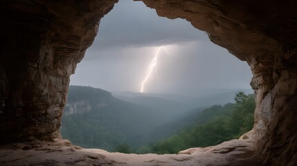 Lightning storm captured from inside a cave opening
