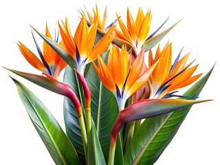 A vibrant arrangement of Bird of Paradise flowers on a clean white background