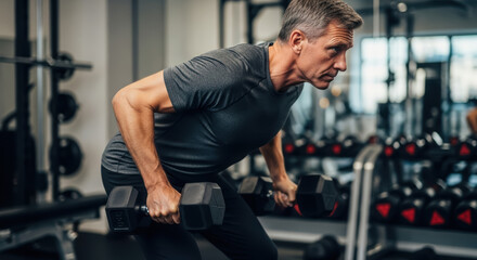 A middle-aged man intently trains with dumbbells in a gym, building strength.