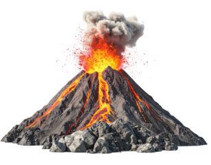 Active volcano erupting with lava flow, smoke plume, and ash cloud against transparent background
