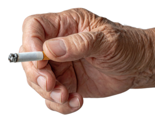 Elderly wrinkled hand holding lit cigarette with ash and smoke