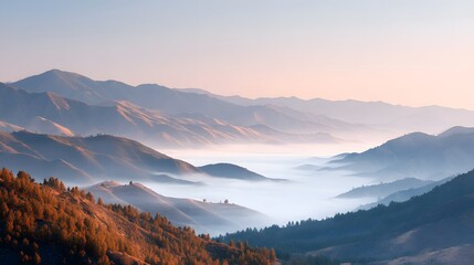 Fog Inversion Rolling Over Mountain Valley at Sunrise