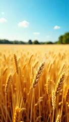 Naklejka premium Golden Wheat Field Swaying Gently in Summer Breeze, Idyllic Landscape, Vast Horizon, Clear Blue Sky, Perfect for Agriculture, Harvest, and Nature Themes