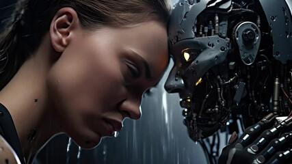 Portrait of a cute female robot touching the head of an ai robot. futuristic ai couple. human and robot friendship. futuristic brilliant companion. futuristic technology concept. - Powered by Adobe