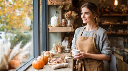barista in warm toned apron serving coffee in bakery with autumn decor, pumpkins on shelves, cinnamon buns, cozy lighting, falling leaves seen through