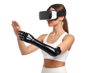 Woman wearing VR headset and prosthetic robotic arm experiencing virtual reality technology interaction
