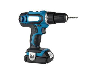 Blue cordless electric drill with battery pack and drill bit for construction work