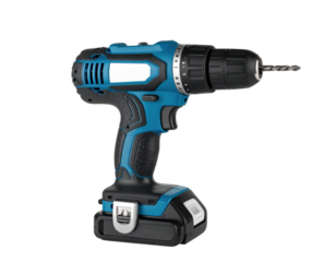 Blue cordless electric drill with battery pack and drill bit for construction work