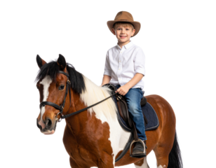 Young boy in cowboy hat riding brown and white pinto horse with saddle and bridle