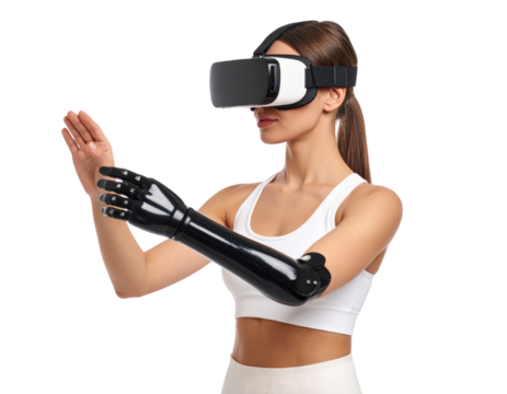 Woman wearing VR headset and prosthetic robotic arm experiencing virtual reality technology interaction