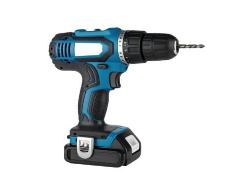 Blue cordless electric drill with battery pack and drill bit for construction work - Powered by Adobe