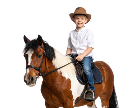 Young boy in cowboy hat riding brown and white pinto horse with saddle and bridle