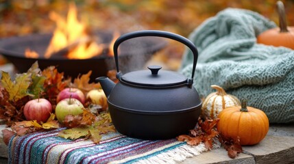Cast iron pot over fire pit in garden, steaming apple cider inside, surrounded by pumpkins, apples, autumn leaves and cozy blankets