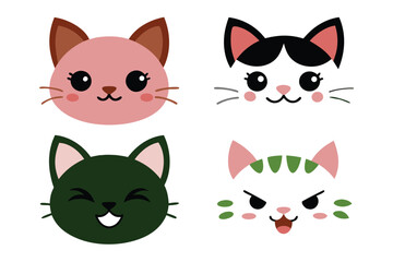 Collection of cute cat face emoticons with happy curious and grumpy expressions