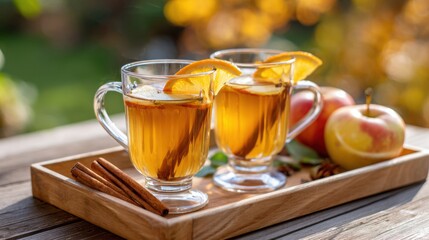 Clear mugs with hot apple cider, cinnamon and orange slices, served on wooden tray, background of garden in golden autumn light