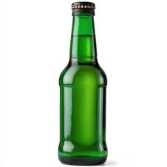 A full green glass bottle with a black metal cap and a clear liquid inside isolated on white background