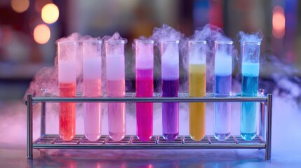 colorful chemical reaction in test tubes, glowing mist and smoke rising, placed in metal rack on lab bench, soft shadows, no people
