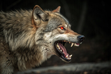 Obraz premium Menacing wolf, mouth wide open in a snarl, with piercing red eyes against a dark, ominous background.