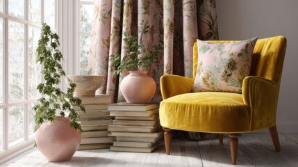 colorful boho corner, canary yellow velvet chair, stacked books, patterned drapes, clay pots with ivy, soft sunset light